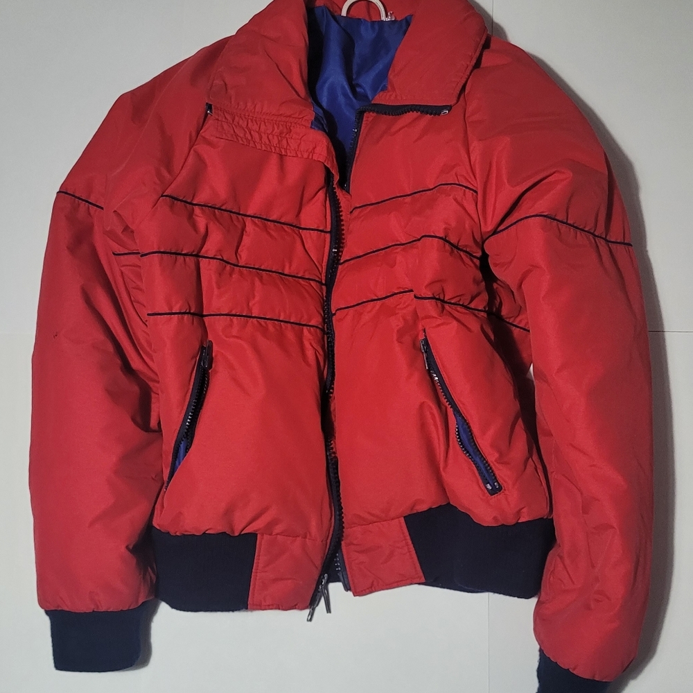 Vintage 1984 CB Sports Red with Navy Blue Pinstripes Goose Down Winter Parka / S